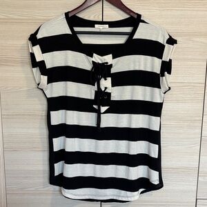 Pleione Black and White Striped Short Sleeve Tee